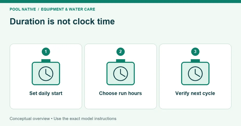 Duration is not clock time. Set daily start; Choose run hours; Verify next cycle. Conceptual overview.
