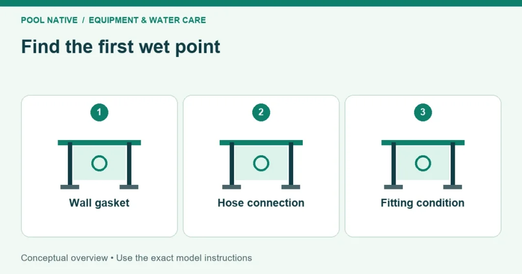 Find the first wet point. Wall gasket; Hose connection; Fitting condition. Conceptual overview.