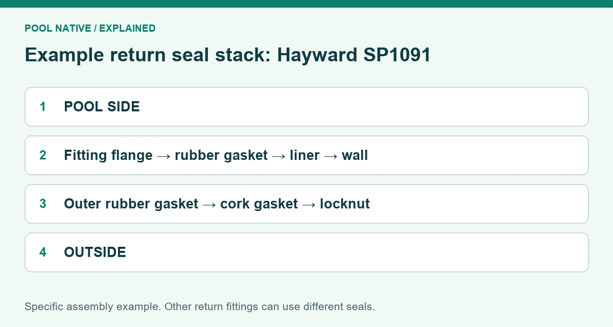 Example return seal stack: Hayward SP1091. POOL SIDE; Fitting flange → rubber gasket → liner → wall; Outer rubber gasket → cork gasket → locknut; OUTSIDE. Specific assembly example. Other return fittings can use different seals.