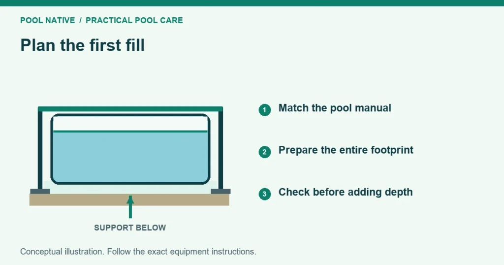 Plan the first fill. Match the pool manual. Prepare the entire footprint. Check before adding depth. Conceptual illustration.