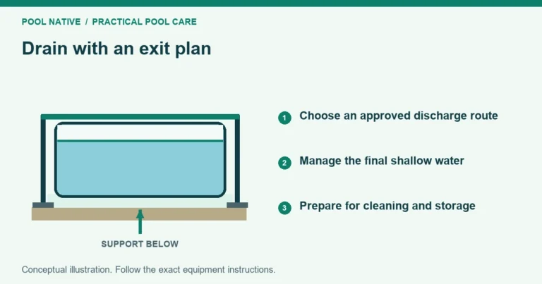 Drain with an exit plan. Choose an approved discharge route. Manage the final shallow water. Prepare for cleaning and storage. Conceptual illustration.