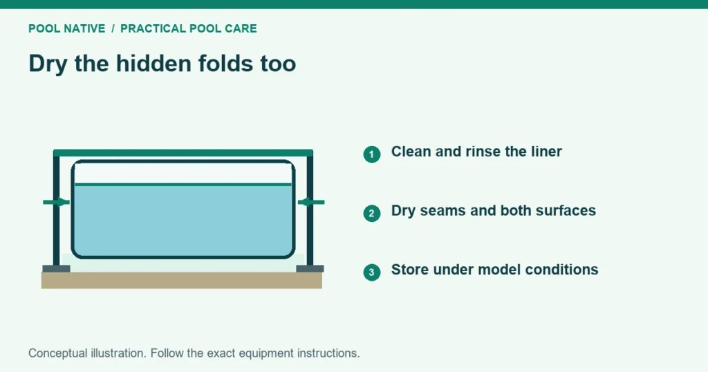 Dry the hidden folds too. Clean and rinse the liner. Dry seams and both surfaces. Store under model conditions. Conceptual illustration.