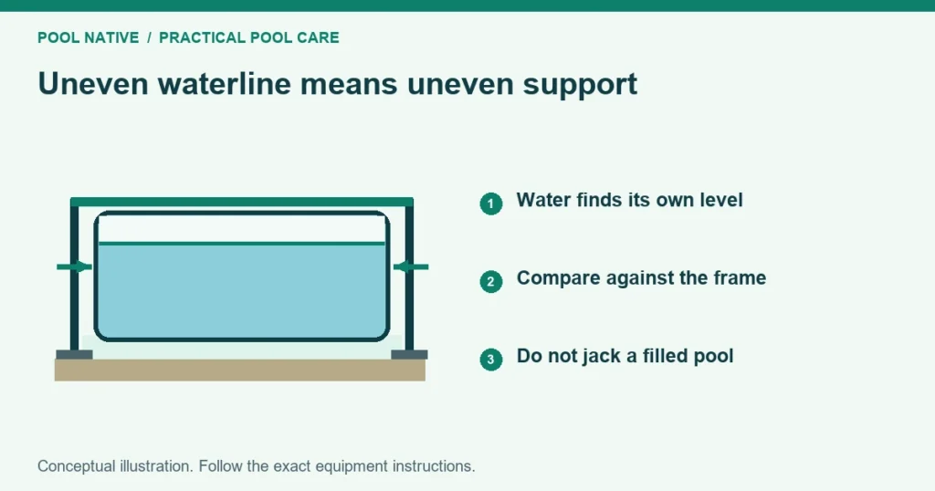Uneven waterline means uneven support. Water finds its own level. Compare against the frame. Do not jack a filled pool. Conceptual illustration.