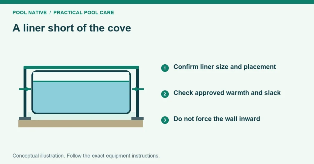 A liner short of the cove. Confirm liner size and placement. Check approved warmth and slack. Do not force the wall inward. Conceptual illustration.