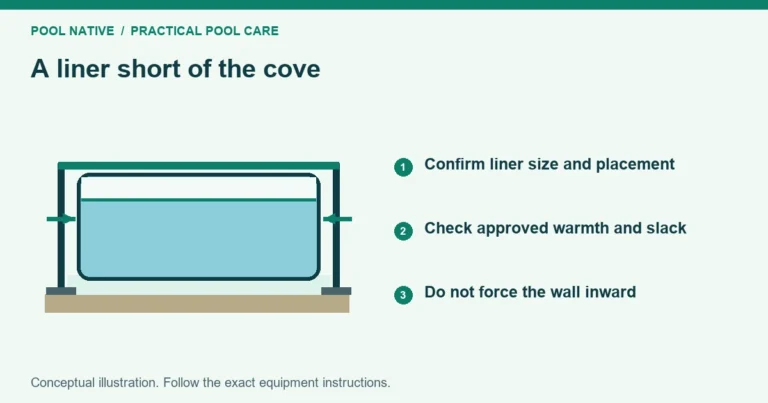 A liner short of the cove. Confirm liner size and placement. Check approved warmth and slack. Do not force the wall inward. Conceptual illustration.
