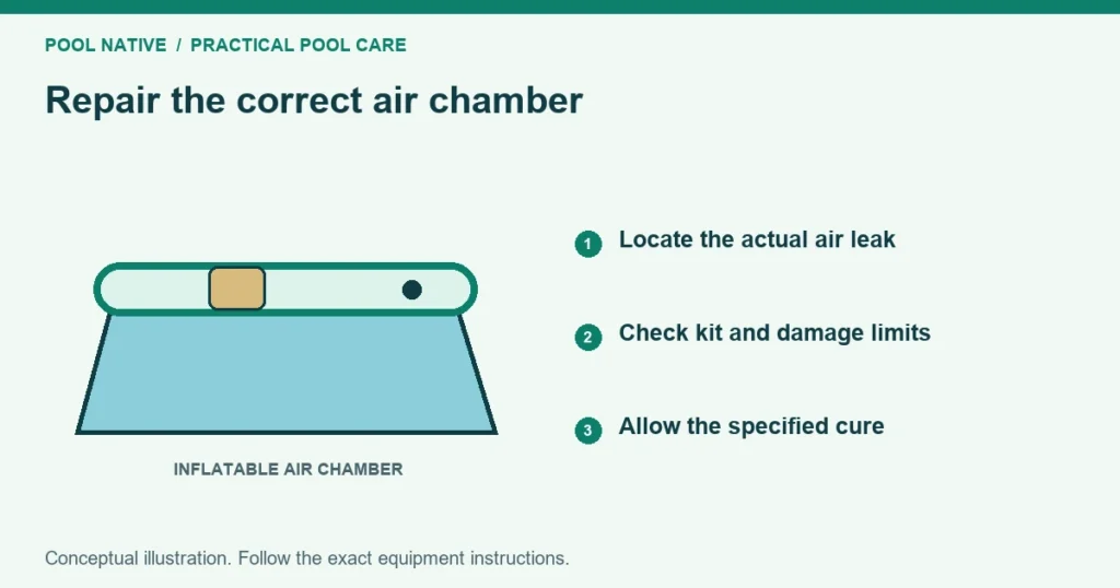 Repair the correct air chamber. Locate the actual air leak. Check kit and damage limits. Allow the specified cure. Conceptual illustration.