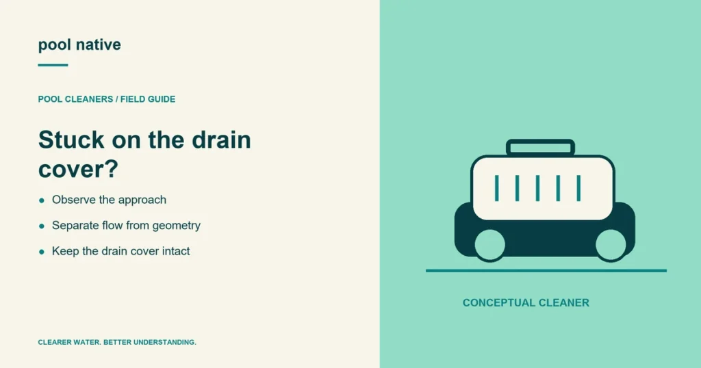 Stuck on the drain cover?. Observe the approach; Separate flow from geometry; Keep the drain cover intact. Conceptual illustration.
