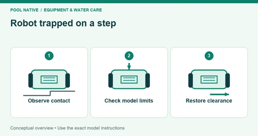 Robot trapped on a step. Observe contact; Check model limits; Restore clearance. Conceptual overview.