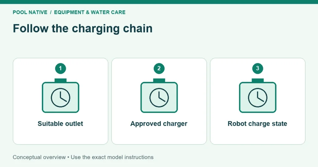 Follow the charging chain. Suitable outlet; Approved charger; Robot charge state. Conceptual overview.