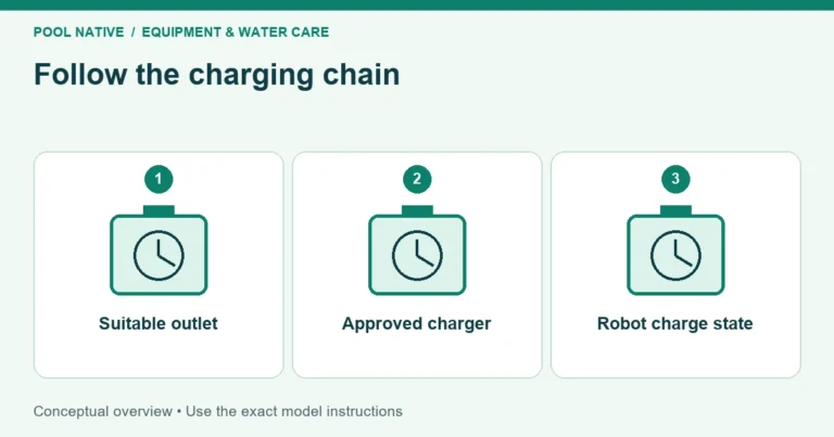 Follow the charging chain. Suitable outlet; Approved charger; Robot charge state. Conceptual overview.