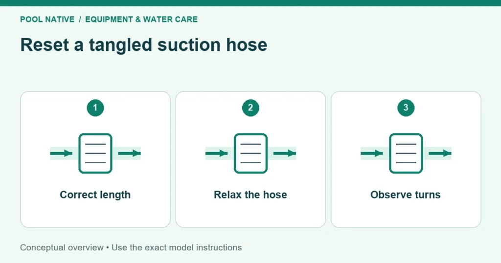 Reset a tangled suction hose. Correct length; Relax the hose; Observe turns. Conceptual overview.