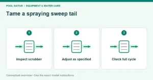 Tame a spraying sweep tail. Inspect scrubber; Adjust as specified; Check full cycle. Conceptual overview.
