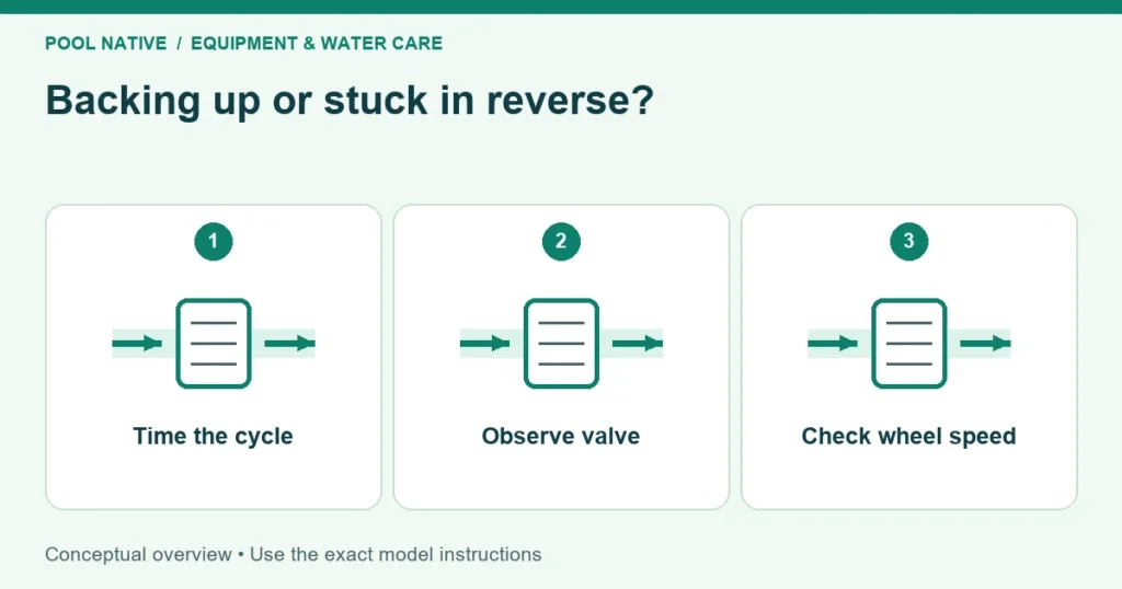 Backing up or stuck in reverse?. Time the cycle; Observe valve; Check wheel speed. Conceptual overview.