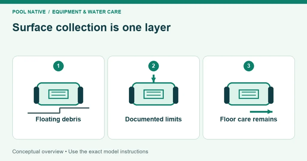 Surface collection is one layer. Floating debris; Documented limits; Floor care remains. Conceptual overview.