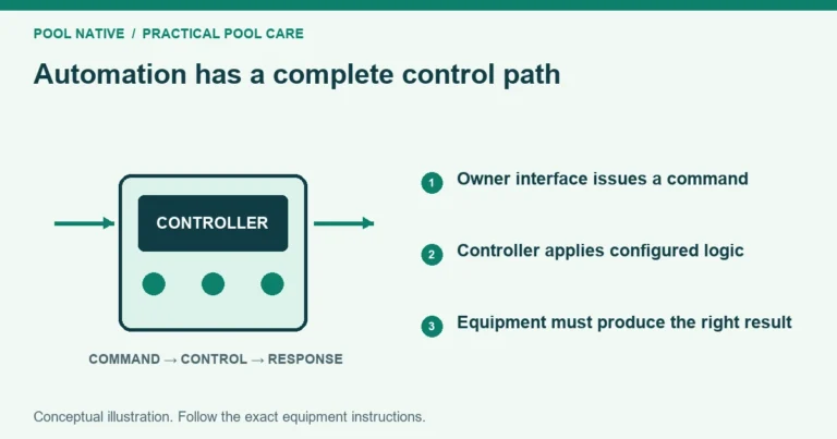 Automation has a complete control path. Owner interface issues a command. Controller applies configured logic. Equipment must produce the right result. Conceptual illustration.