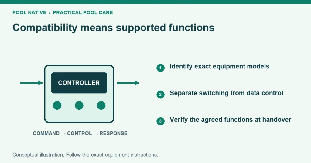 Compatibility means supported functions. Identify exact equipment models. Separate switching from data control. Verify the agreed functions at handover. Conceptual illustration.