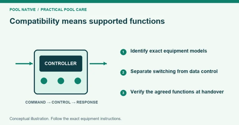 Compatibility means supported functions. Identify exact equipment models. Separate switching from data control. Verify the agreed functions at handover. Conceptual illustration.