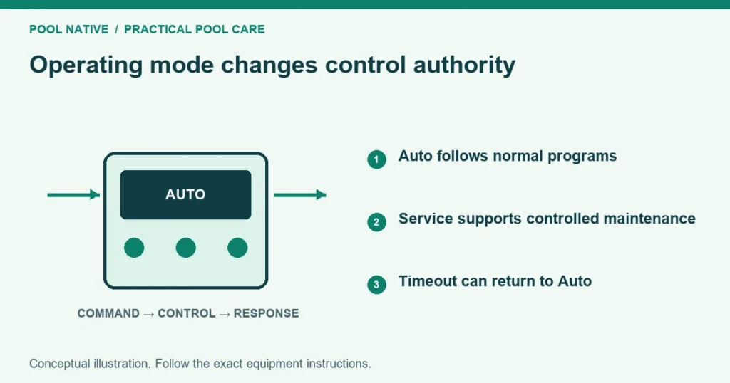 Operating mode changes control authority. Auto follows normal programs. Service supports controlled maintenance. Timeout can return to Auto. Conceptual illustration.