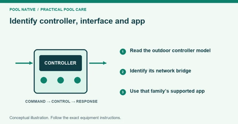 Identify controller, interface and app. Read the outdoor controller model. Identify its network bridge. Use that family’s supported app. Conceptual illustration.