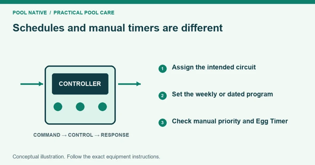 Schedules and manual timers are different. Assign the intended circuit. Set the weekly or dated program. Check manual priority and Egg Timer. Conceptual illustration.