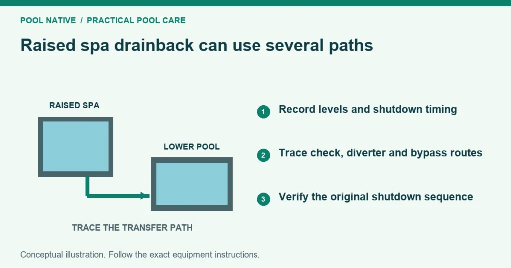 Raised spa drainback can use several paths. Record levels and shutdown timing. Trace check, diverter and bypass routes. Verify the original shutdown sequence. Conceptual illustration.