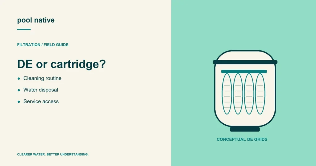 DE or cartridge?. Cleaning routine; Water disposal; Service access.