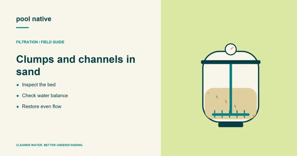 Clumps and channels in sand. Inspect the bed; Check water balance; Restore even flow. Conceptual illustration.
