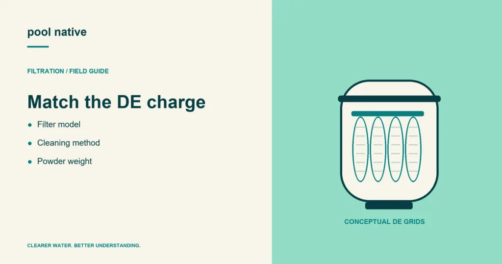 Match the DE charge. Filter model; Cleaning method; Powder weight.