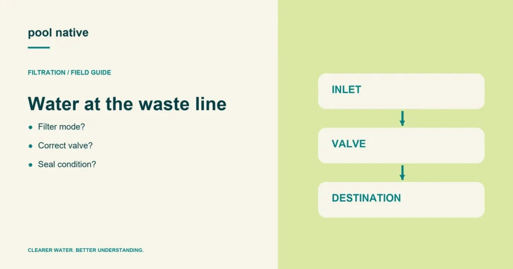 Water at the waste line. Filter mode?; Correct valve?; Seal condition?.