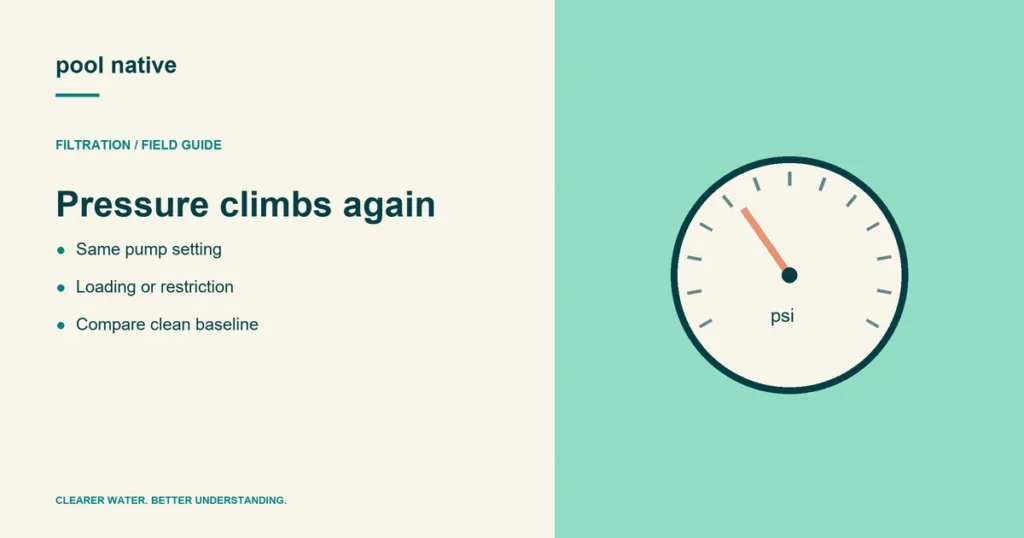 Pressure climbs again. Same pump setting; Loading or restriction; Compare clean baseline. Conceptual illustration.