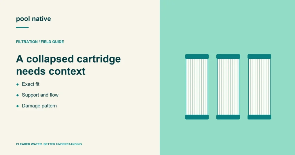 A collapsed cartridge needs context. Exact fit; Support and flow; Damage pattern. Conceptual illustration.