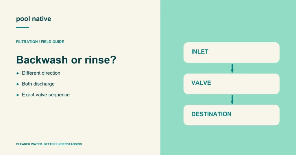Backwash or rinse?. Different direction; Both discharge; Exact valve sequence.
