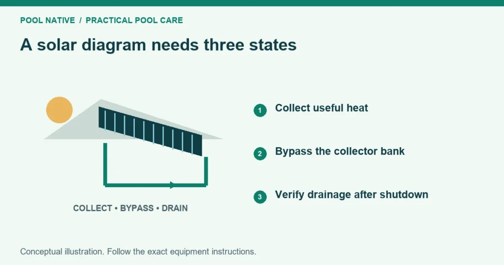 A solar diagram needs three states. Collect useful heat. Bypass the collector bank. Verify drainage after shutdown. Conceptual illustration.