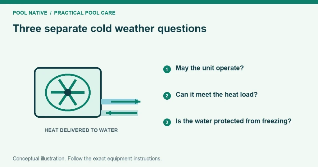 Three separate cold weather questions. May the unit operate?. Can it meet the heat load?. Is the water protected from freezing?. Conceptual illustration.