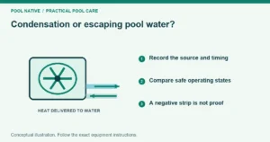 Condensation or escaping pool water?. Record the source and timing. Compare safe operating states. A negative strip is not proof. Conceptual illustration.