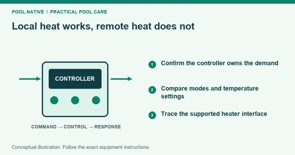Local heat works, remote heat does not. Confirm the controller owns the demand. Compare modes and temperature settings. Trace the supported heater interface. Conceptual illustration.