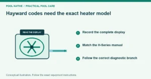 Hayward codes need the exact heater model. Record the complete display. Match the H-Series manual. Follow the correct diagnostic branch. Conceptual illustration.