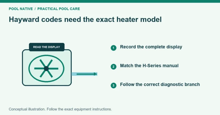 Hayward codes need the exact heater model. Record the complete display. Match the H-Series manual. Follow the correct diagnostic branch. Conceptual illustration.