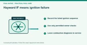 Hayward IF means ignition failure. Record the failed ignition sequence. Use only permitted owner checks. Leave combustion diagnosis to service. Conceptual illustration.