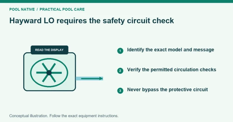 Hayward LO requires the safety circuit check. Identify the exact model and message. Verify the permitted circulation checks. Never bypass the protective circuit. Conceptual illustration.