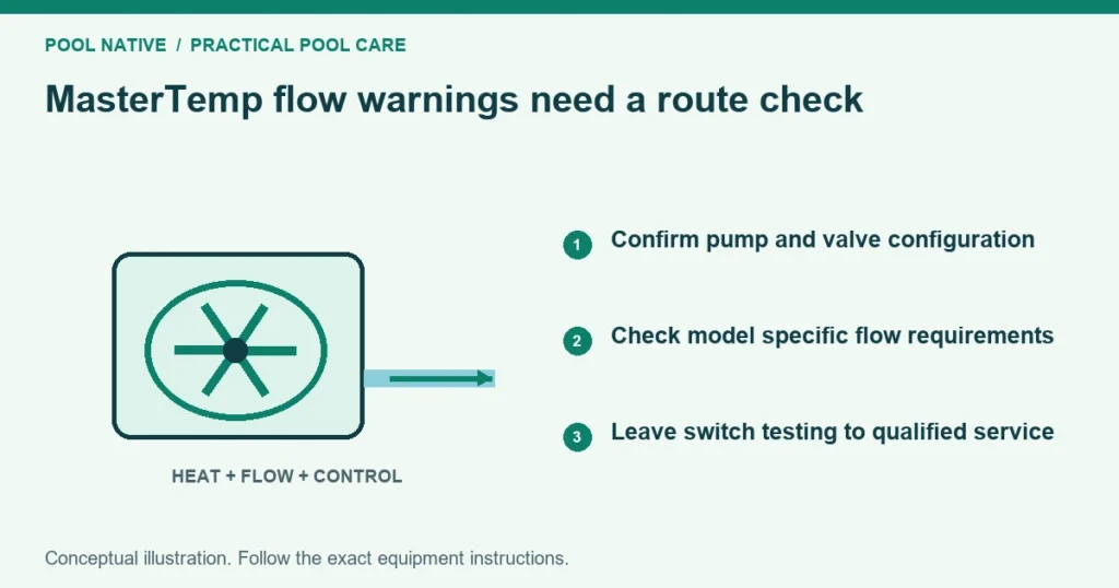MasterTemp flow warnings need a route check. Confirm pump and valve configuration. Check model specific flow requirements. Leave switch testing to qualified service. Conceptual illustration.