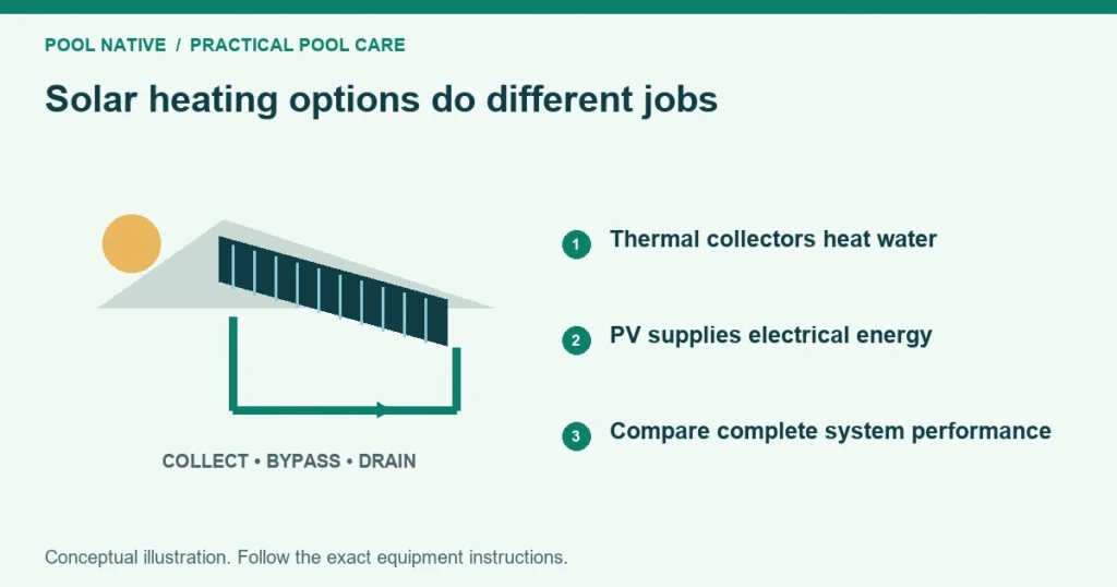 Solar heating options do different jobs. Thermal collectors heat water. PV supplies electrical energy. Compare complete system performance. Conceptual illustration.