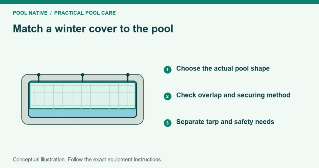 Match a winter cover to the pool. Choose the actual pool shape. Check overlap and securing method. Separate tarp and safety needs. Conceptual illustration.