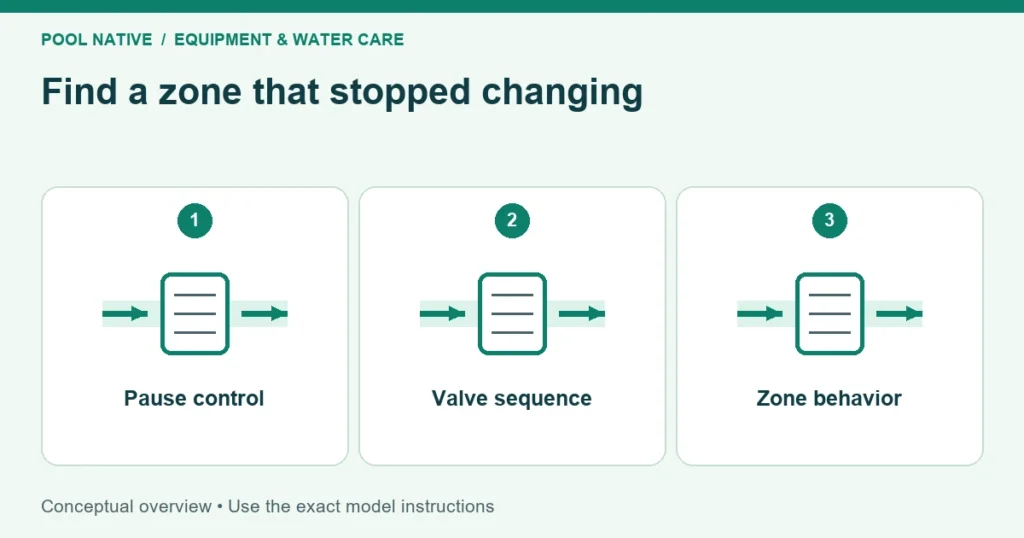 Find a zone that stopped changing. Pause control; Valve sequence; Zone behavior. Conceptual overview.