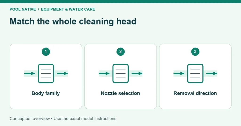 Match the whole cleaning head. Body family; Nozzle selection; Removal direction. Conceptual overview.