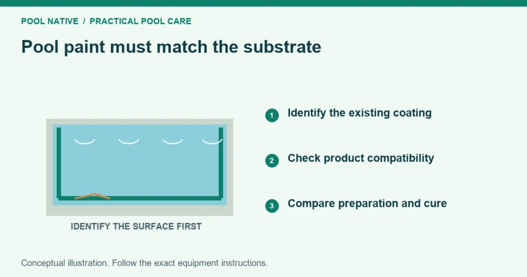 Pool paint must match the substrate. Identify the existing coating. Check product compatibility. Compare preparation and cure. Conceptual illustration.