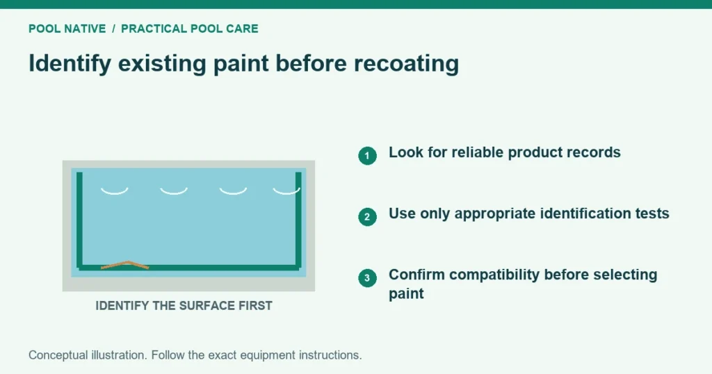 Identify existing paint before recoating. Look for reliable product records. Use only appropriate identification tests. Confirm compatibility before selecting paint. Conceptual illustration.