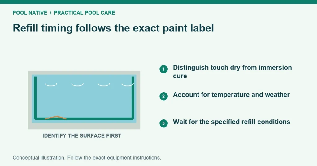 Refill timing follows the exact paint label. Distinguish touch dry from immersion cure. Account for temperature and weather. Wait for the specified refill conditions. Conceptual illustration.