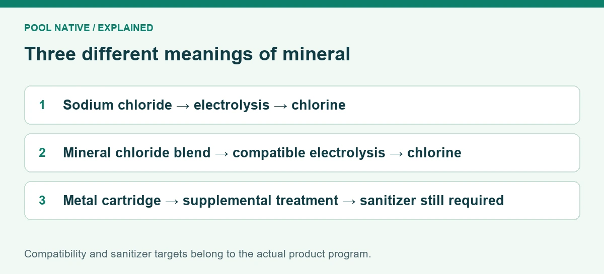 Three different meanings of mineral. Sodium chloride → electrolysis → chlorine; Mineral chloride blend → compatible electrolysis → chlorine; Metal cartridge → supplemental treatment → sanitizer still required. Compatibility and sanitizer targets belong to the actual product program.