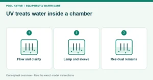 UV treats water inside a chamber. Flow and clarity; Lamp and sleeve; Residual remains. Conceptual overview.
